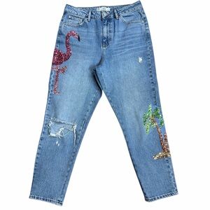 TOPSHOP Moto Mom Jeans Pink Flamingo and Green Palm Sequined Designs Size 30